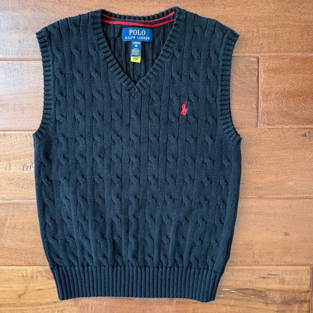 Polo Ralph Lauren Cable Knit Sweater Vest Boys Size 8 Navy Blue Preppy